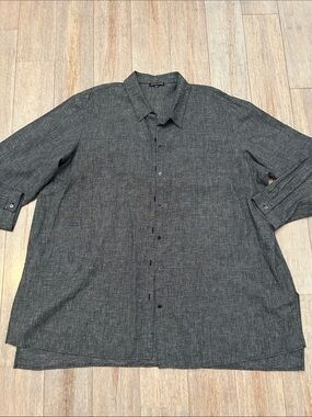 Eileen Fisher Dark Charcoal Grid Button-Down Shirt hem organic cotton 3X